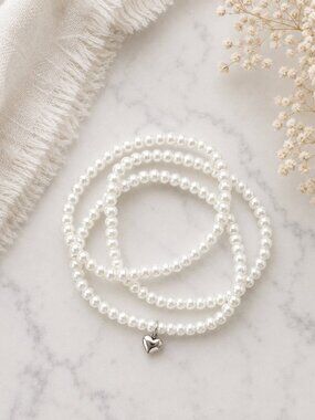 White Pearl Seed Bead Bracelet Set with Silver Heart Charm